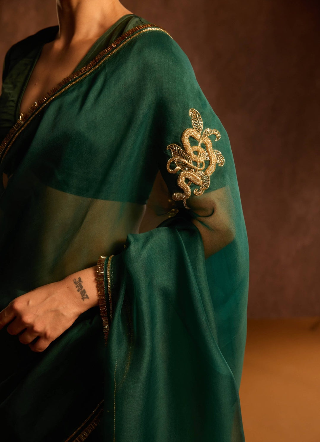 Emerald Green And Gold Pure Silk Organza Saree Kapardara - Fabilicious Fashion