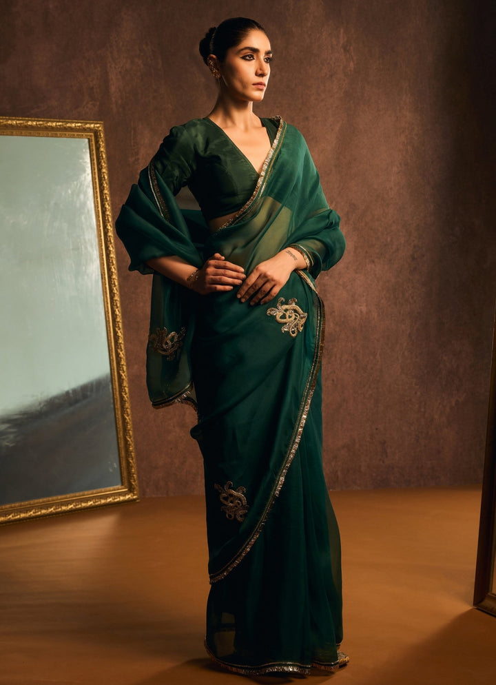 Emerald Green And Gold Pure Silk Organza Saree Kapardara - Fabilicious Fashion