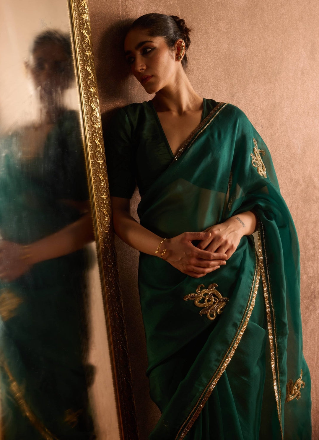 Emerald Green And Gold Pure Silk Organza Saree Kapardara - Fabilicious Fashion