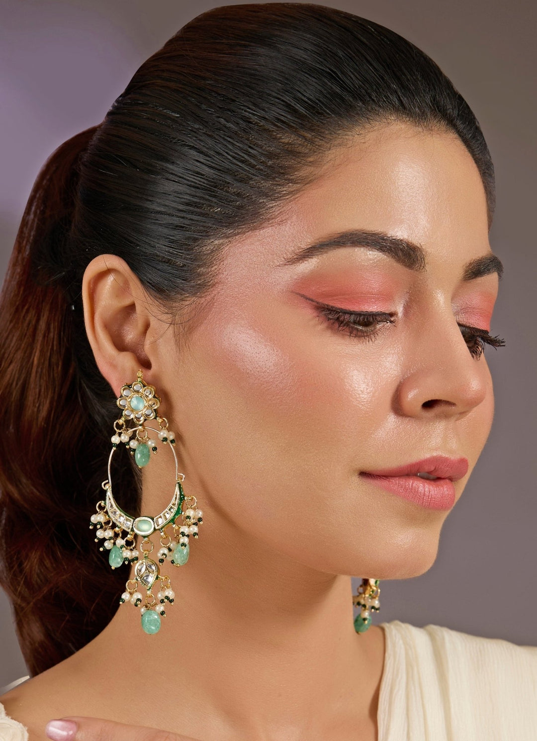 Emerald Green And Kundan Chandbali Earrings Vivinia By Vidhi Mehra - Fabilicious Fashion