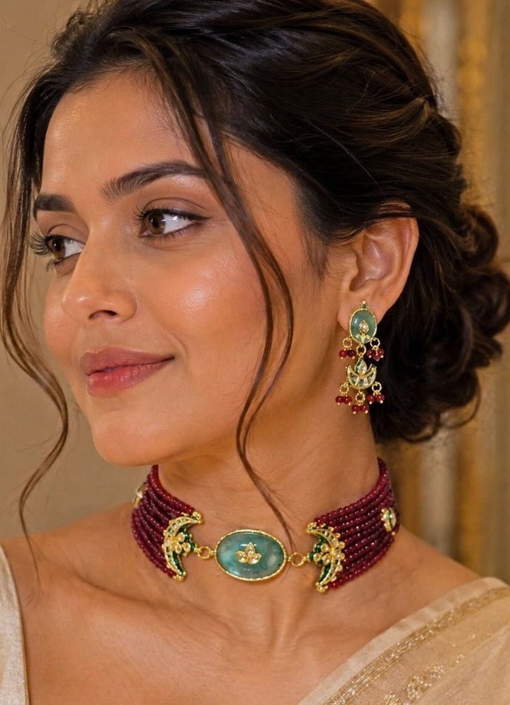Vivinia by Vidhi Mehra Emerald Green And Maroon Red Beaded Choker SetFabilicious Fashion