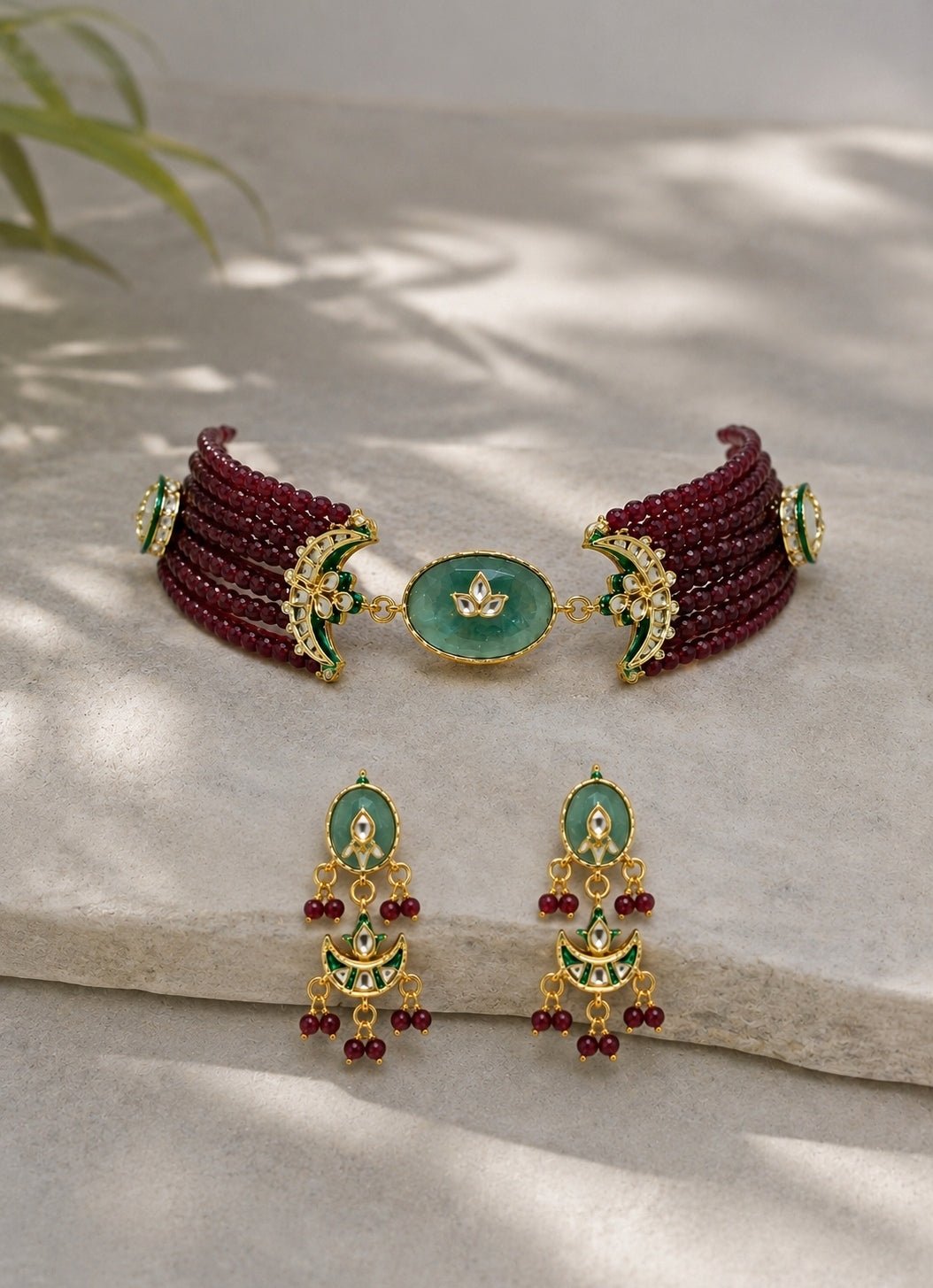 Vivinia by Vidhi Mehra Emerald Green And Maroon Red Beaded Choker SetFabilicious Fashion