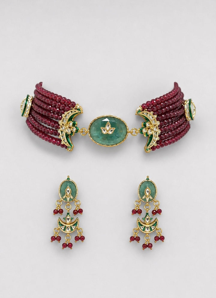 Vivinia by Vidhi Mehra Emerald Green And Maroon Red Beaded Choker SetFabilicious Fashion
