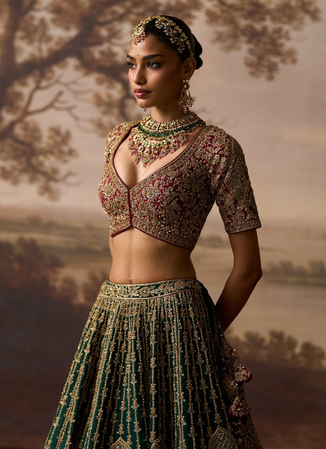 Angad Singh Emerald Green And Maroon Red Raw Silk Bridal LehengaFabilicious Fashion