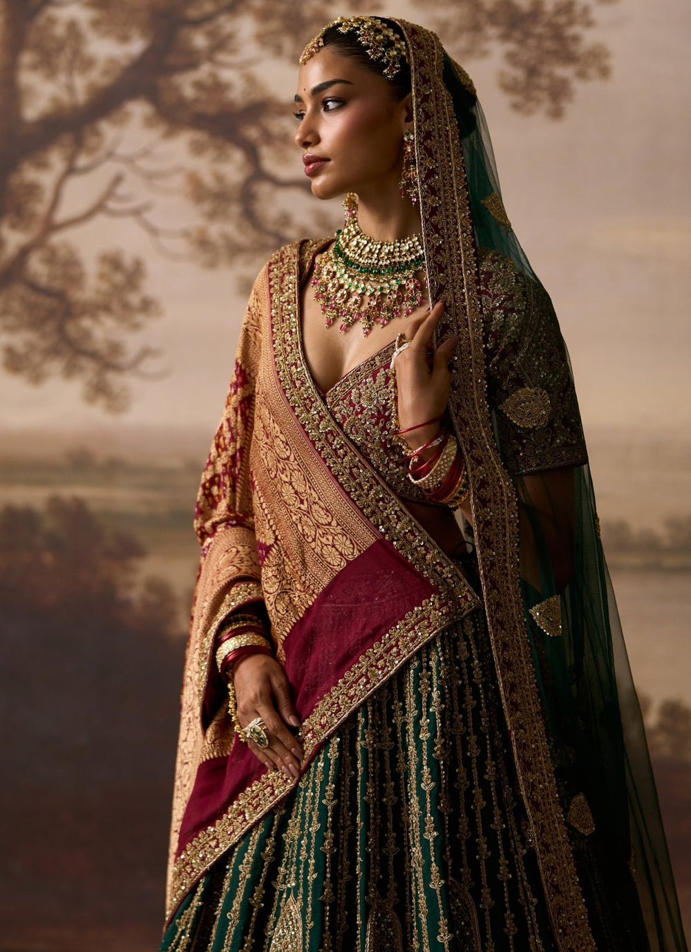 Angad Singh Emerald Green And Maroon Red Raw Silk Bridal LehengaFabilicious Fashion