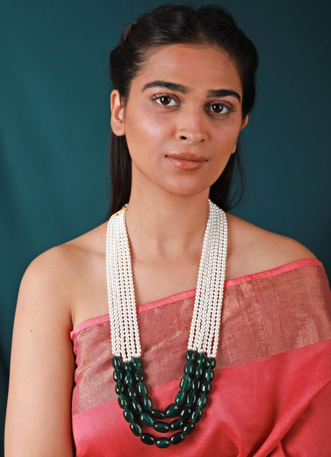 Emerald Green And Pearl Beaded Necklace Riana by Shikha Jindal - Fabilicious Fashion