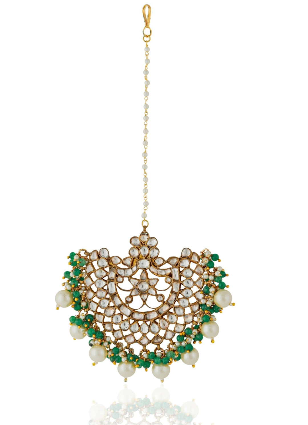 Emerald Green and Pearl Maang Tikka Riana by Shikha Jindal - Fabilicious Fashion
