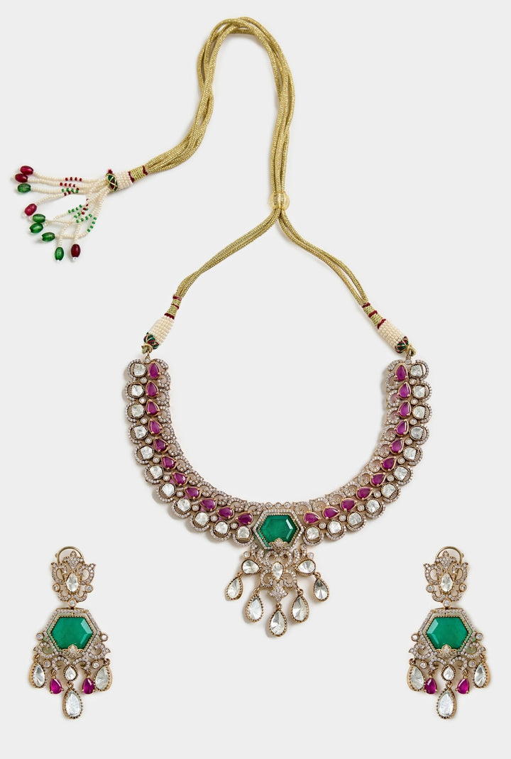 Emerald Green And Pink Kundan Choker Necklace Set Vivinia By Vidhi Mehra - Fabilicious Fashion