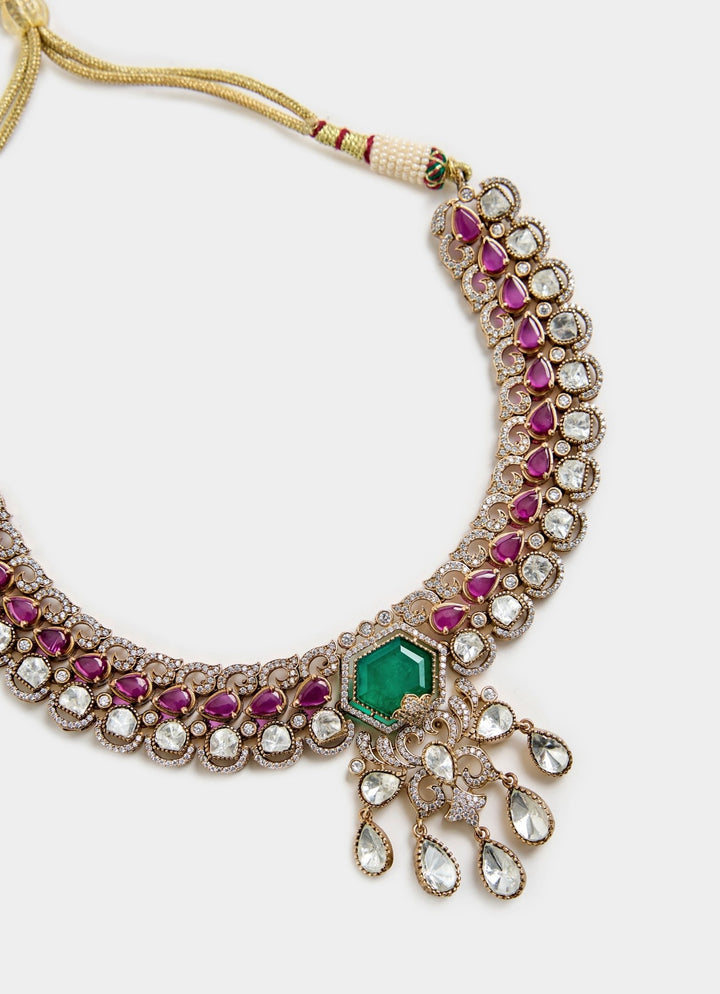 Emerald Green And Pink Kundan Choker Necklace Set Vivinia By Vidhi Mehra - Fabilicious Fashion
