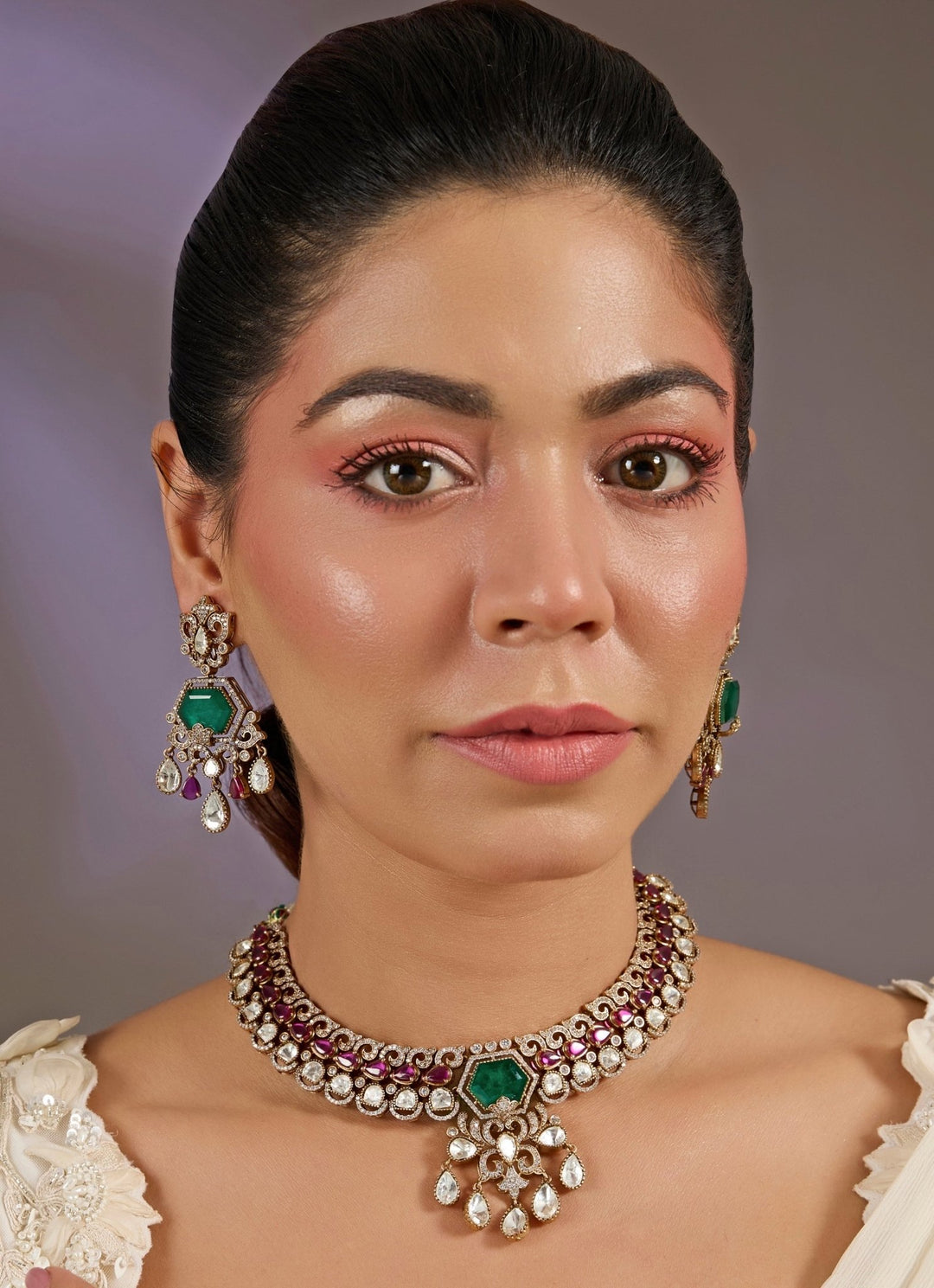 Emerald Green And Pink Kundan Choker Necklace Set Vivinia By Vidhi Mehra - Fabilicious Fashion