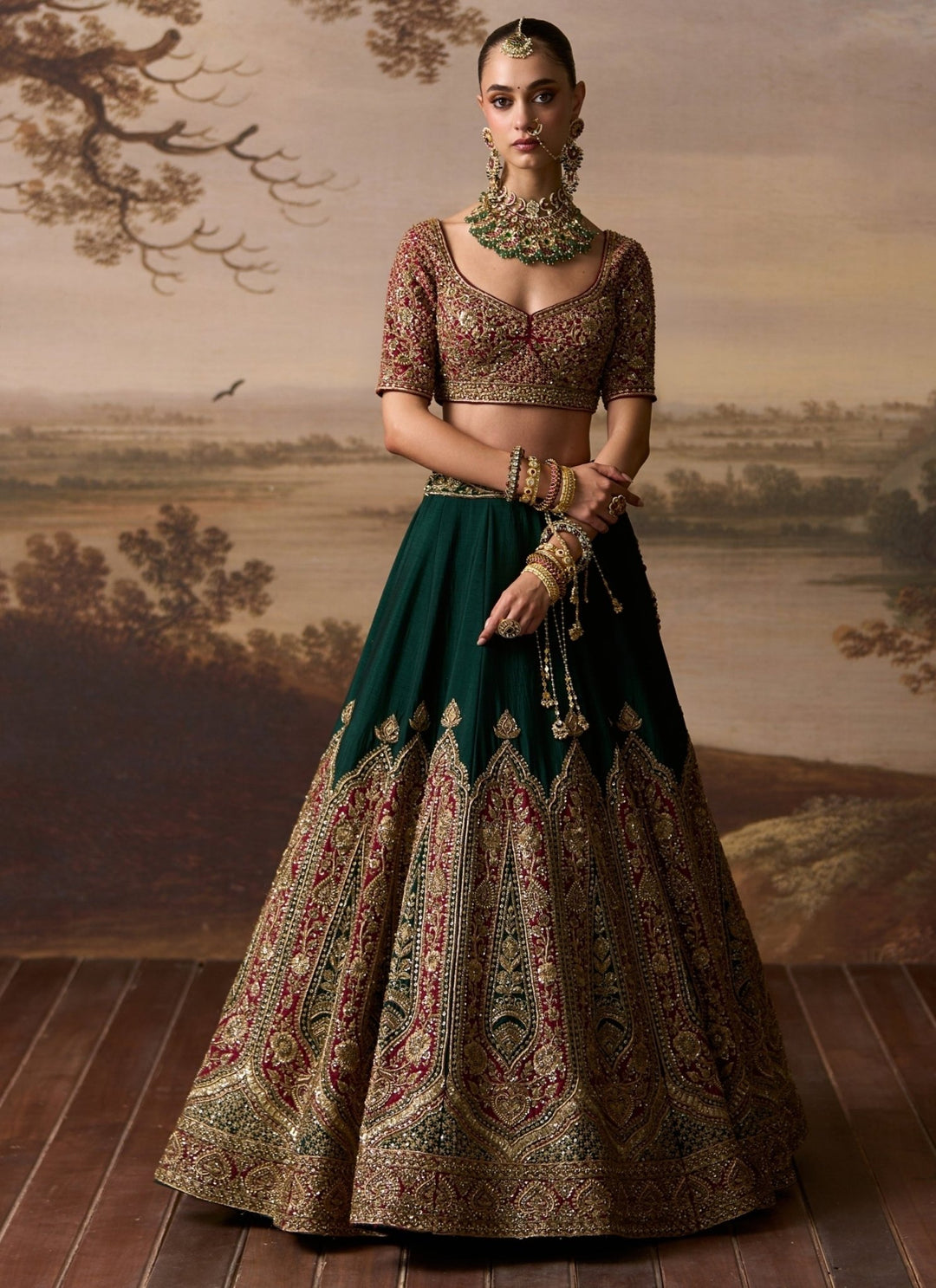 Angad Singh Emerald Green And Rust Raw Silk Bridal LehengaFabilicious Fashion
