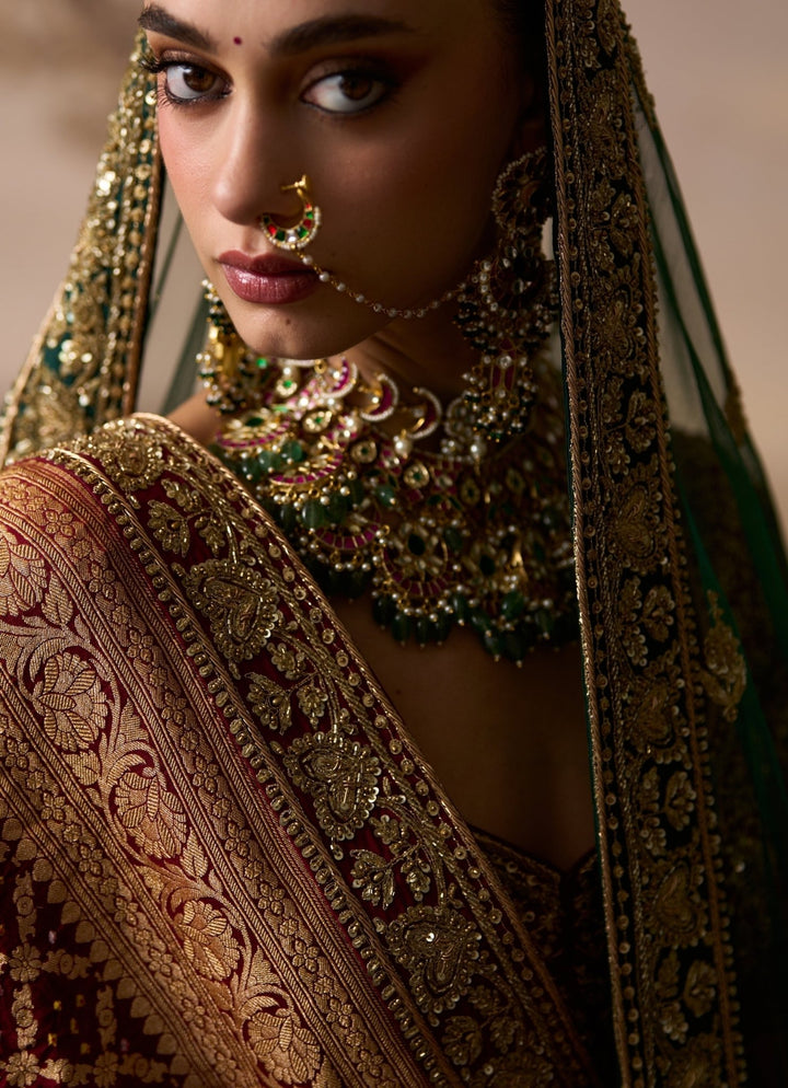 Angad Singh Emerald Green And Rust Raw Silk Bridal LehengaFabilicious Fashion