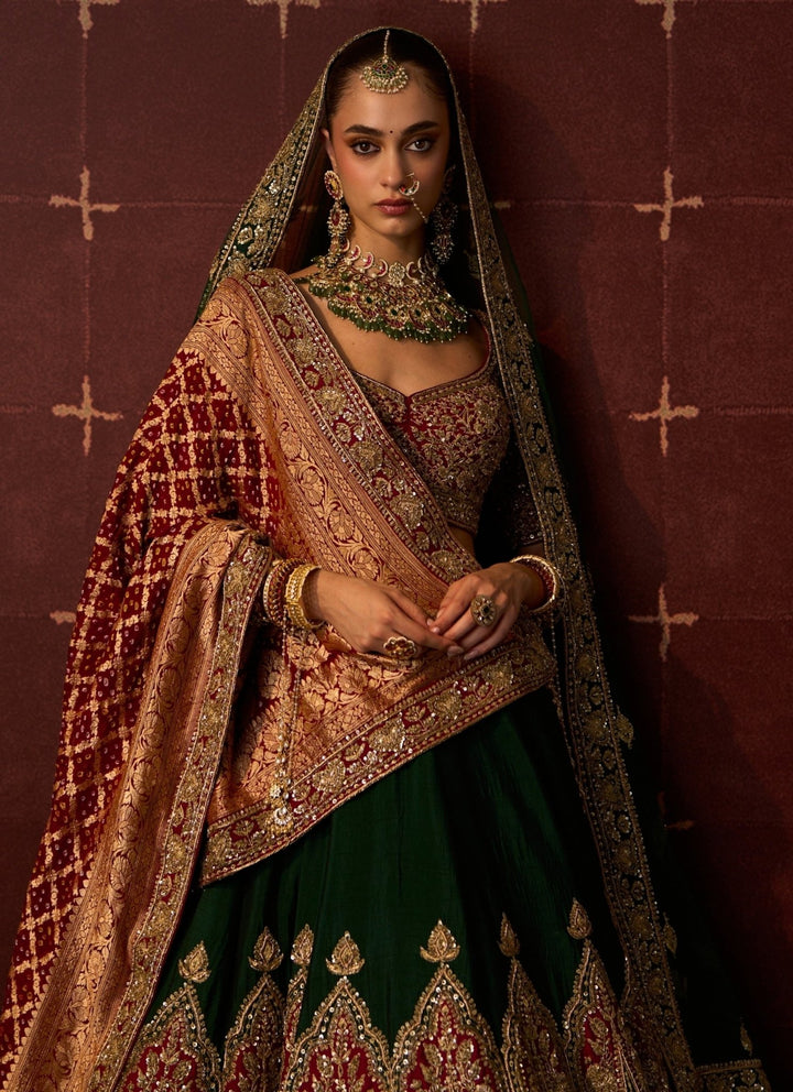 Angad Singh Emerald Green And Rust Raw Silk Bridal LehengaFabilicious Fashion