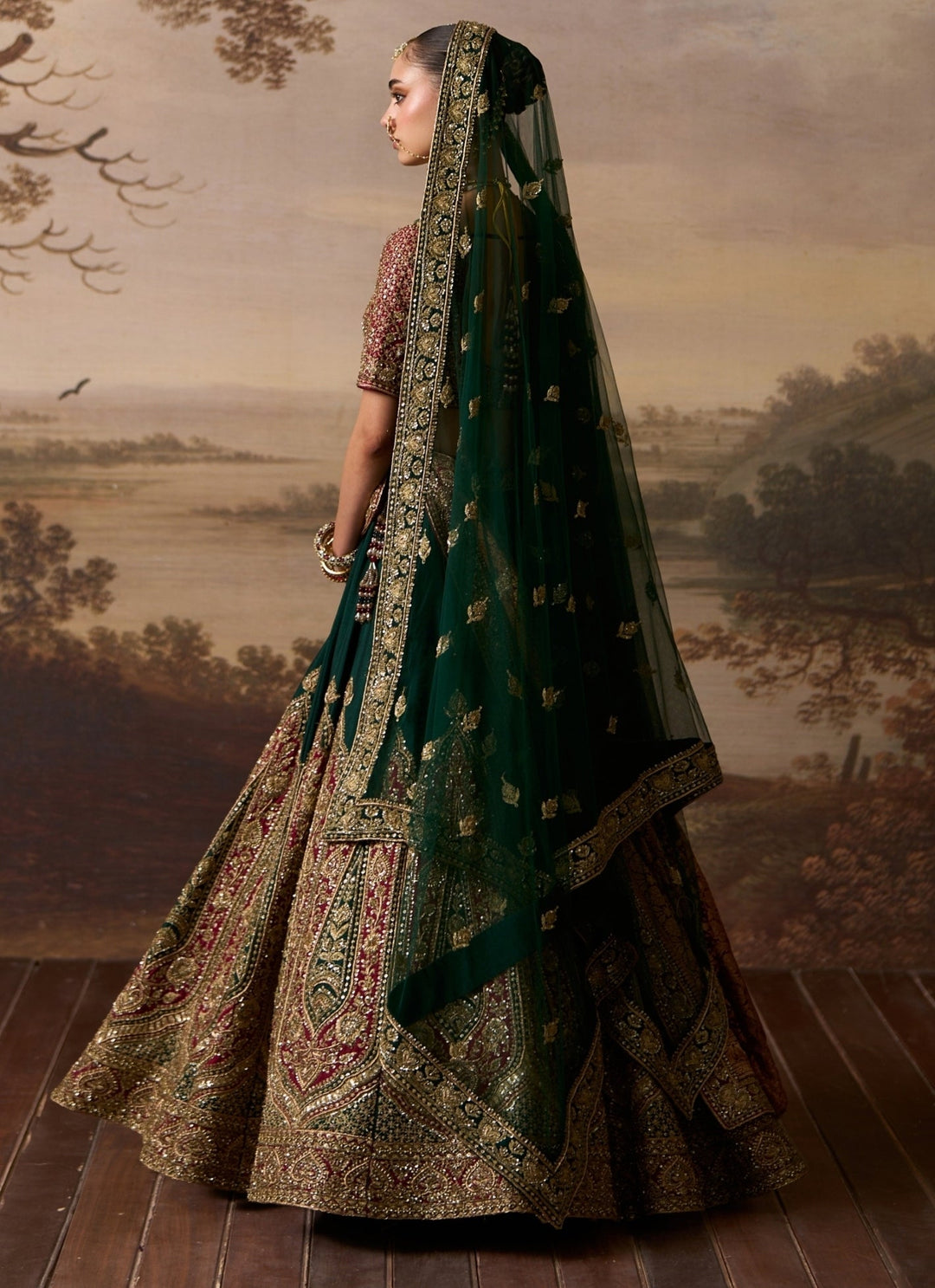 Angad Singh Emerald Green And Rust Raw Silk Bridal LehengaFabilicious Fashion