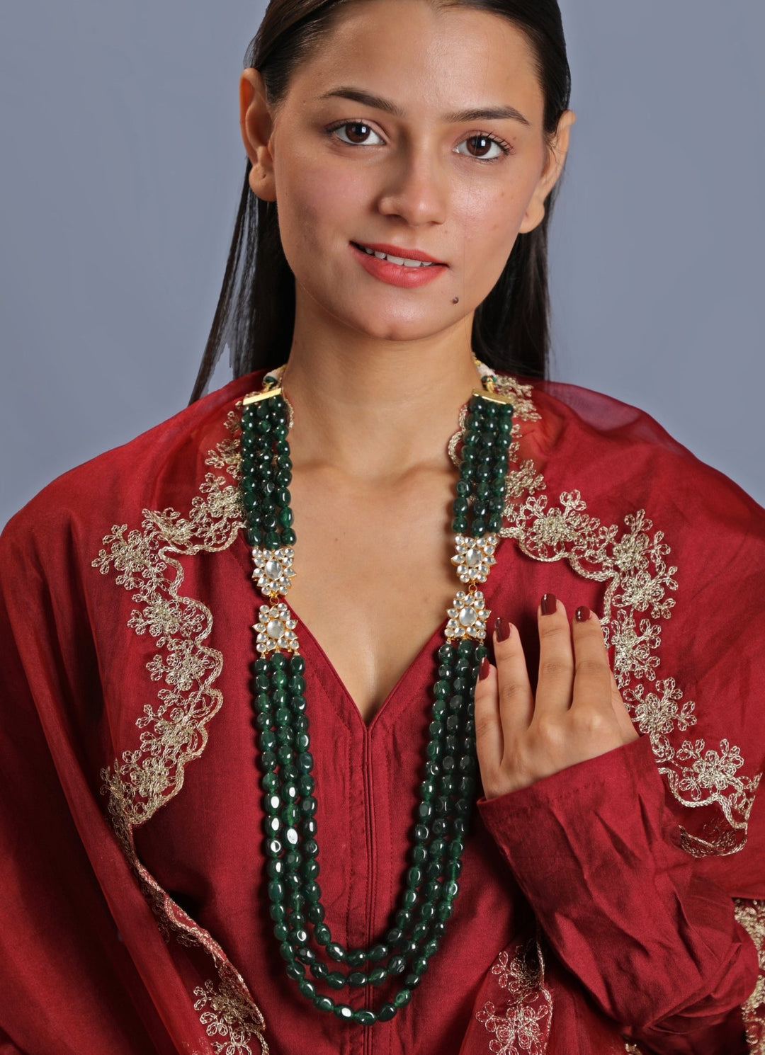 Emerald Green And White Beaded Long Maala Kalyani Indian Jewelry - Fabilicious Fashion