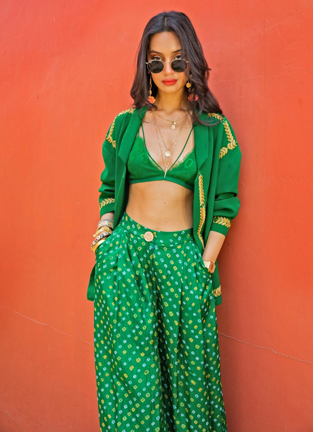 The Little Black Bow Emerald Green Bandhani Silk Jacket Pants SetFabilicious Fashion