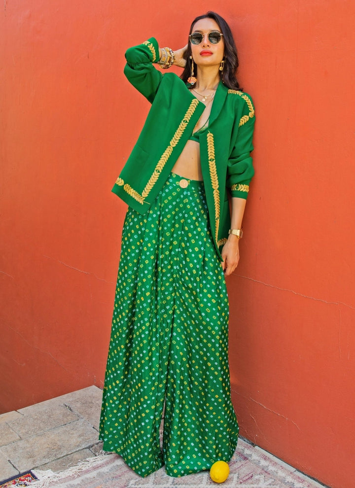 The Little Black Bow Emerald Green Bandhani Silk Jacket Pants SetFabilicious Fashion