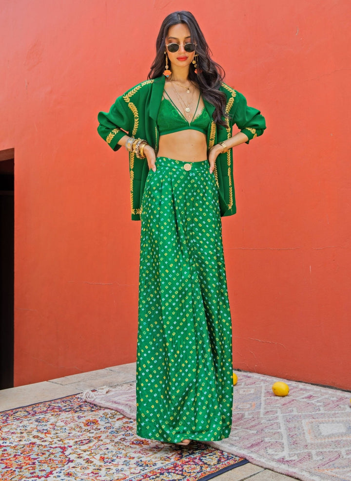 The Little Black Bow Emerald Green Bandhani Silk Jacket Pants SetFabilicious Fashion