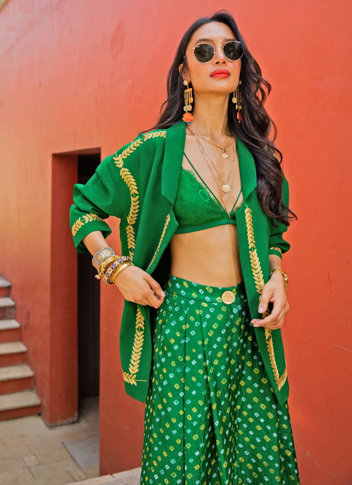 The Little Black Bow Emerald Green Bandhani Silk Jacket Pants SetFabilicious Fashion