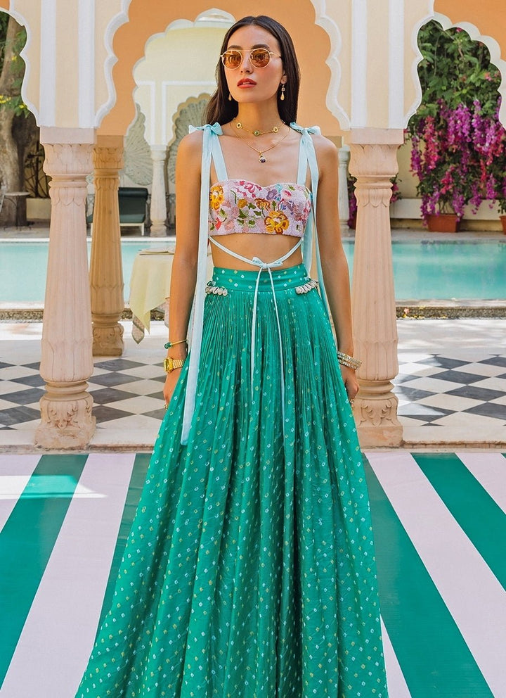 The Little Black Bow Emerald Green Bandhani Silk Lehenga SetFabilicious Fashion