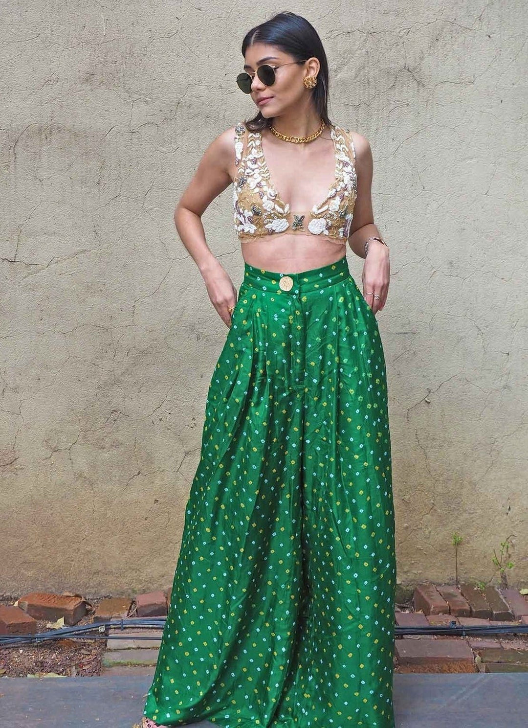 The Little Black Bow Emerald Green Bandhani Silk Pants SetFabilicious Fashion
