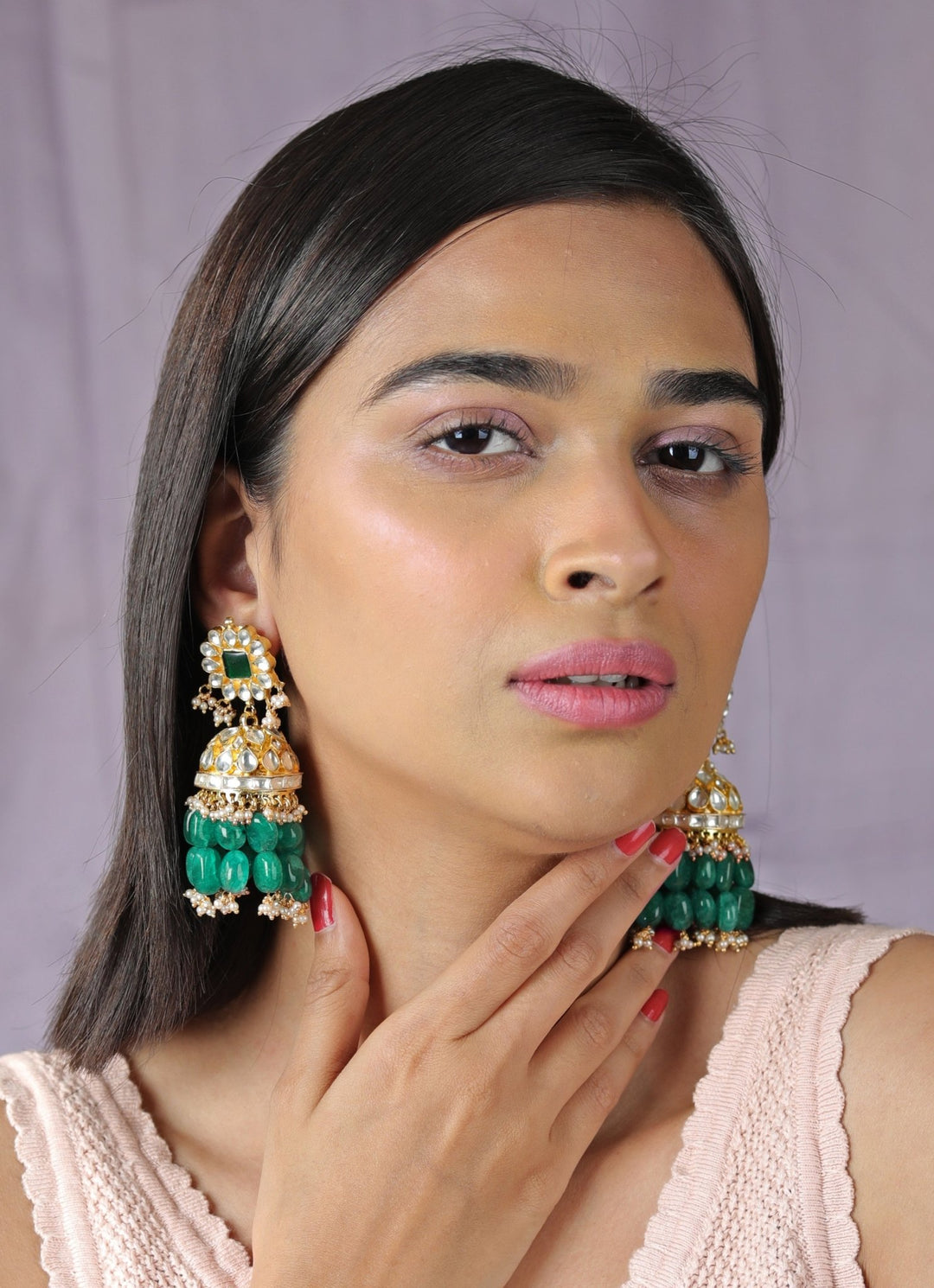 Emerald Green Beaded Jhumkas Riana by Shikha Jindal - Fabilicious Fashion
