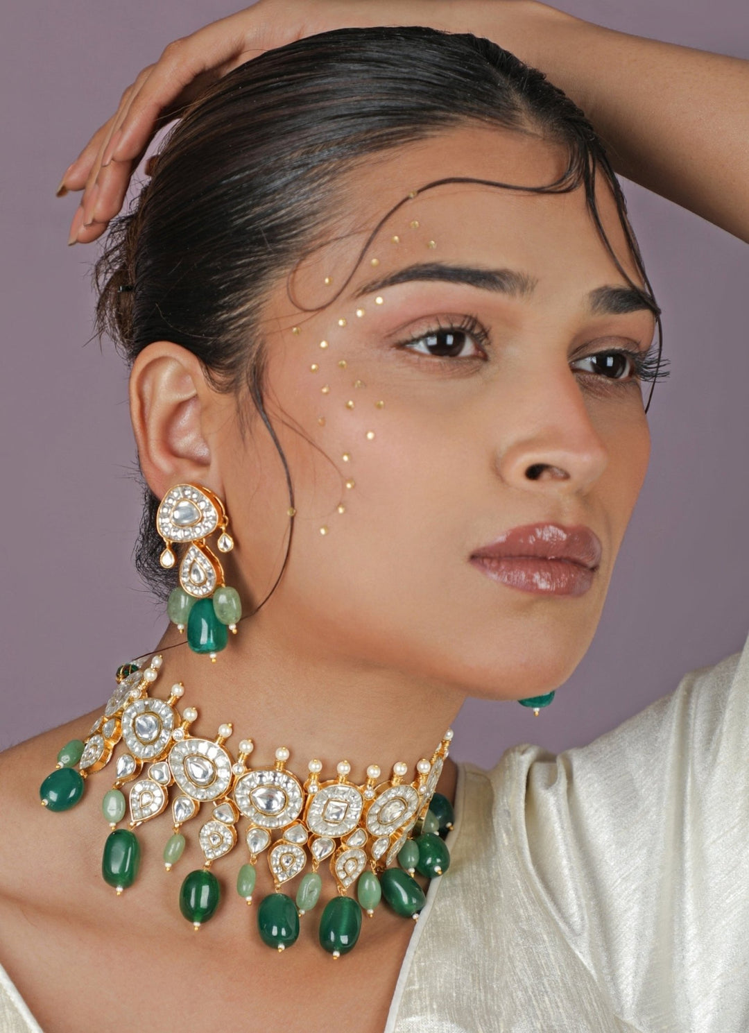 Emerald Green Beaded Matte Gold Plated Choker Set Riana Jewellery - Fabilicious Fashion