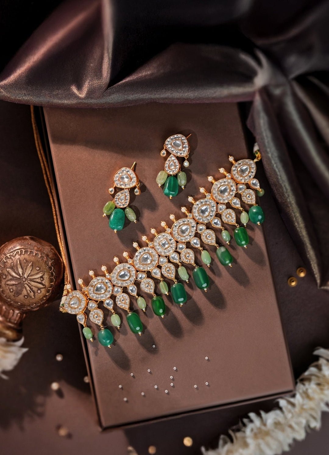 Emerald Green Beaded Matte Gold Plated Choker Set Riana Jewellery - Fabilicious Fashion