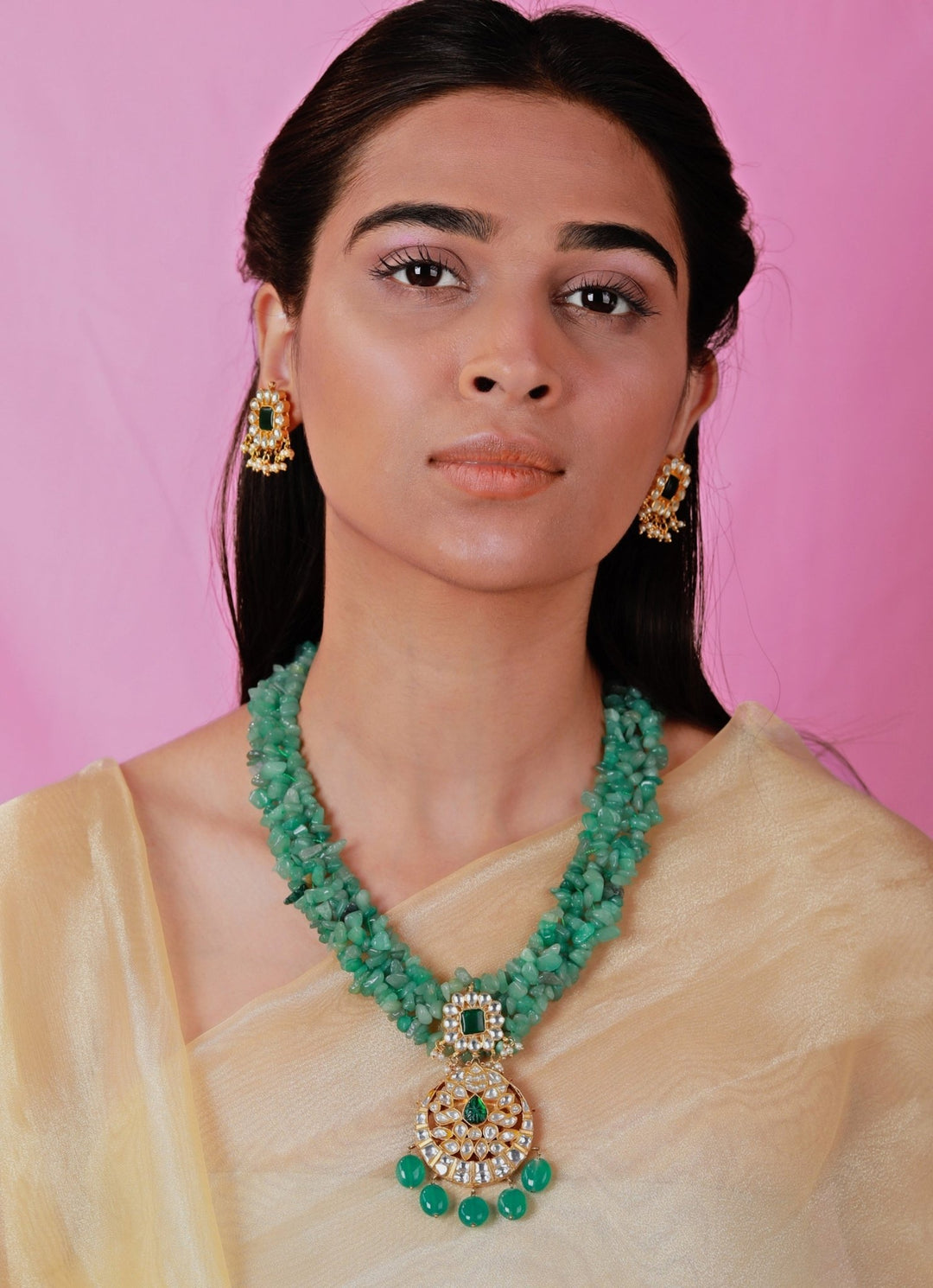 Emerald Green Beaded Necklace Set Riana by Shikha Jindal - Fabilicious Fashion