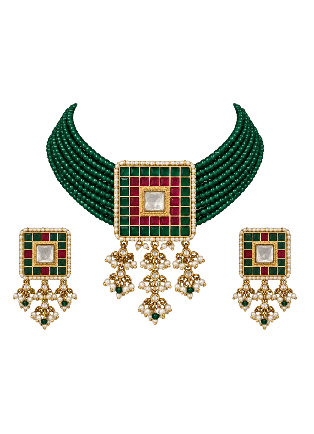 Vivinia By Vidhi Mehra Emerald Green Beaded Square Choker Necklace SetFabilicious Fashion