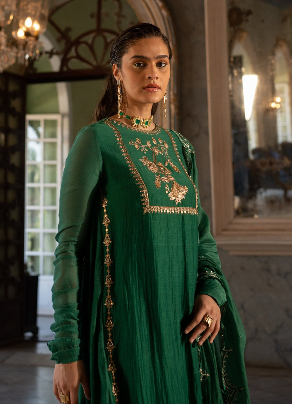 Emerald Green Chanderi Kurta Pants Set Paulmi and Harsh - Fabilicious Fashion