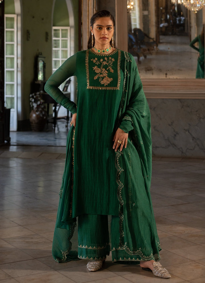 Emerald Green Chanderi Kurta Pants Set Paulmi and Harsh - Fabilicious Fashion