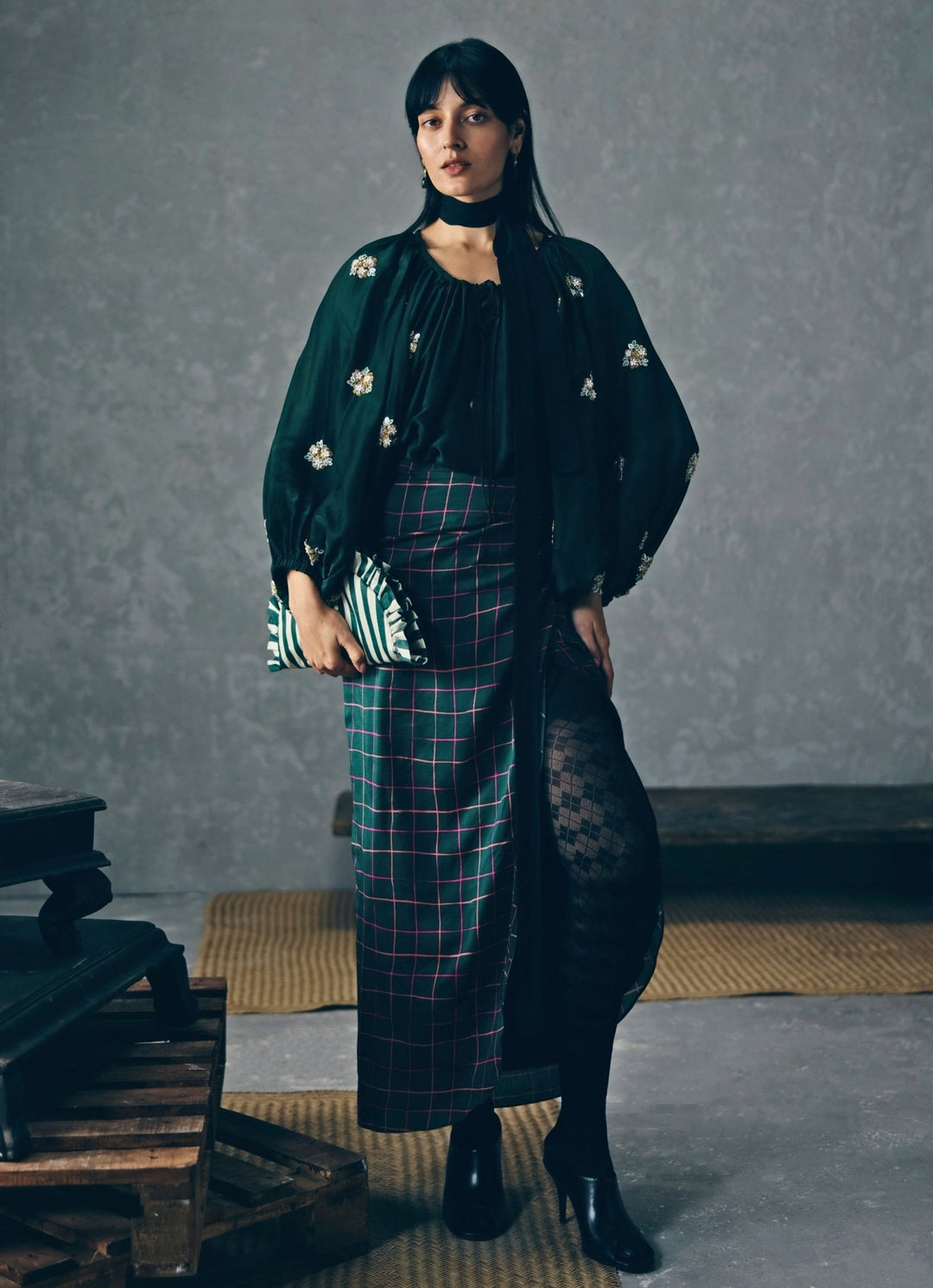 Emerald Green Checked Skirt Set Paulmi and Harsh X Ease - Fabilicious Fashion