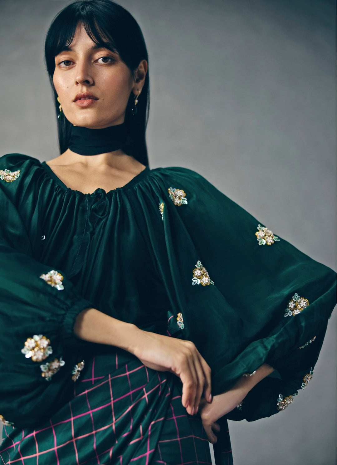 Emerald Green Checked Skirt Set Paulmi and Harsh X Ease - Fabilicious Fashion