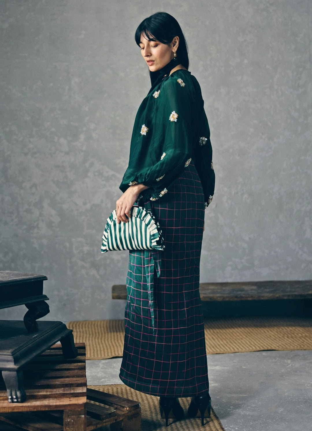 Emerald Green Checked Skirt Set Paulmi and Harsh X Ease - Fabilicious Fashion