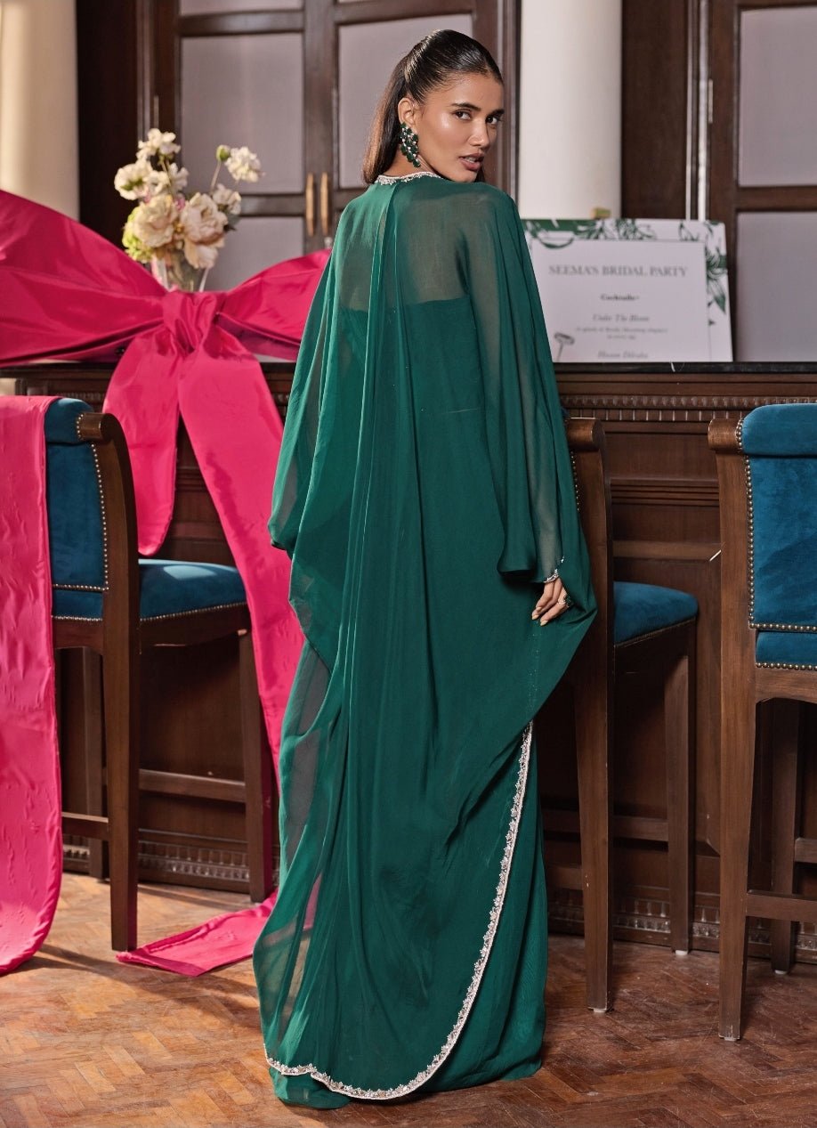 Emerald Green Chiffon Corset Blouse With Pants And Cape Seema Thukral - Fabilicious Fashion