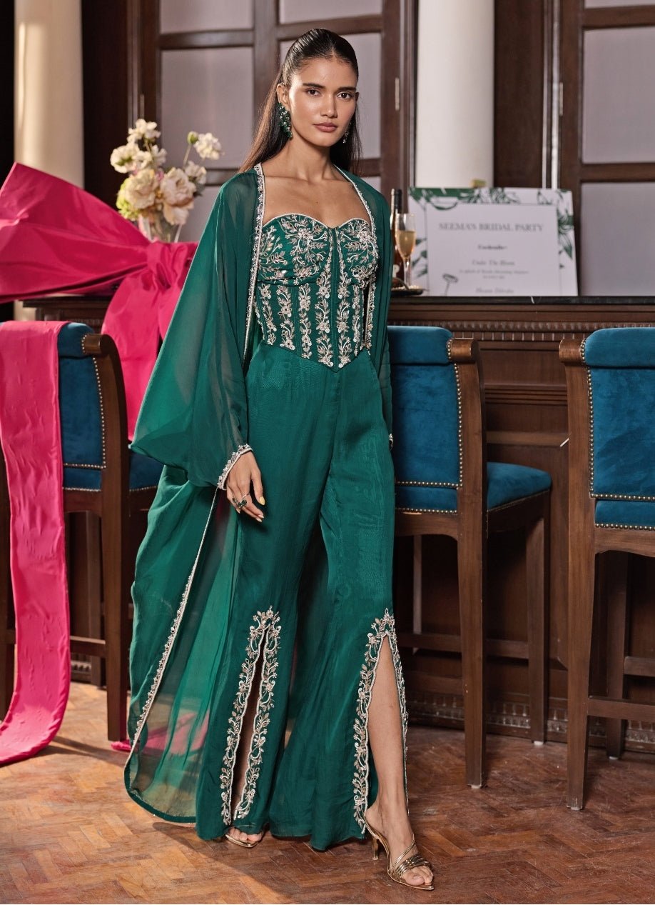 Emerald Green Chiffon Corset Blouse With Pants And Cape Seema Thukral - Fabilicious Fashion