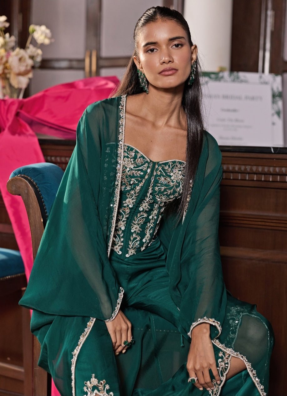 Emerald Green Chiffon Corset Blouse With Pants And Cape Seema Thukral - Fabilicious Fashion