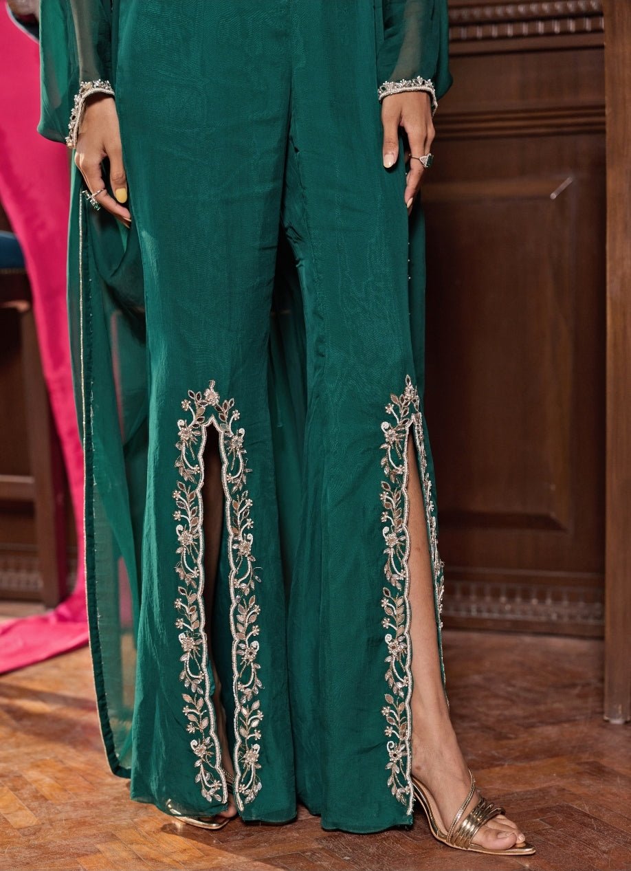 Emerald Green Chiffon Corset Blouse With Pants And Cape Seema Thukral - Fabilicious Fashion
