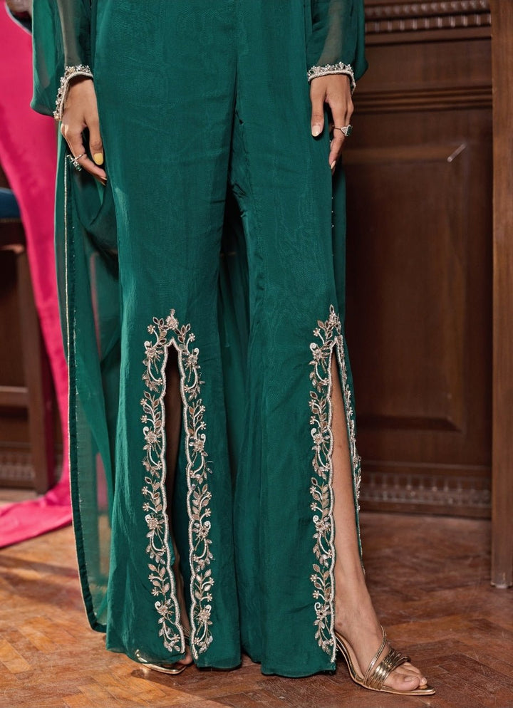Emerald Green Chiffon Corset Blouse With Pants And Cape Seema Thukral - Fabilicious Fashion