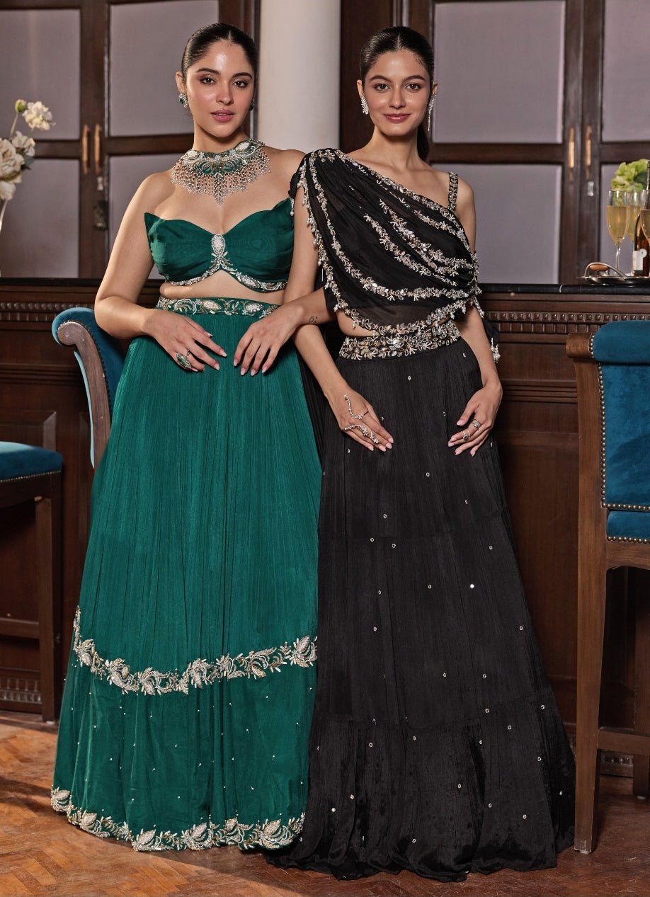 Emerald Green Chiffon Lehenga Set With Choker Dupatta Seema Thukral - Fabilicious Fashion