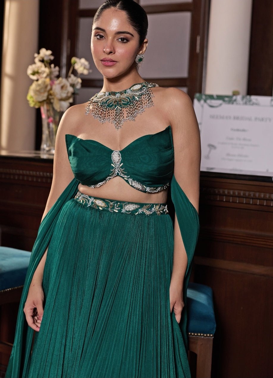 Emerald Green Chiffon Lehenga Set With Choker Dupatta Seema Thukral - Fabilicious Fashion