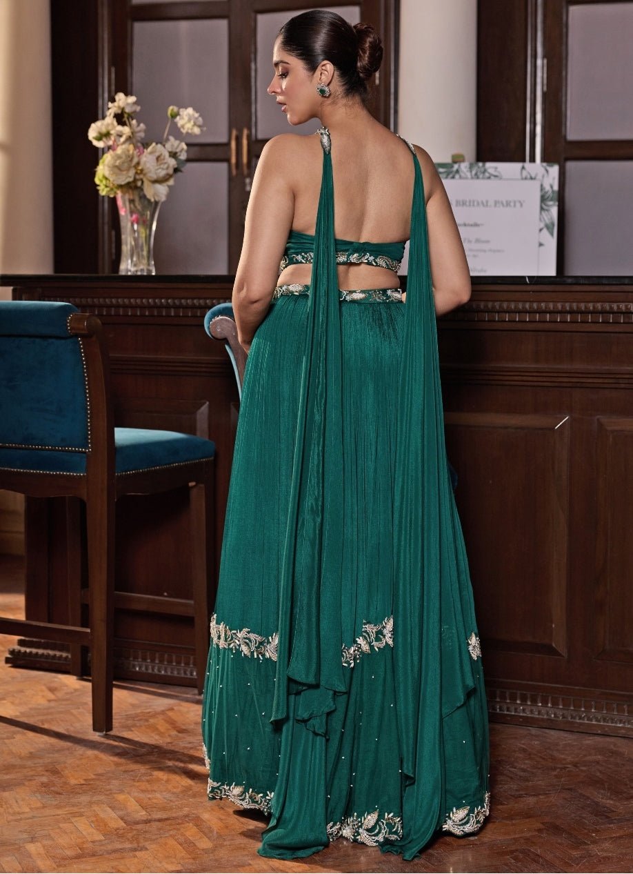 emerald green chiffon dress Seema Thukral — Emerald Green Chiffon Lehenga With Choker Dupatta XS
