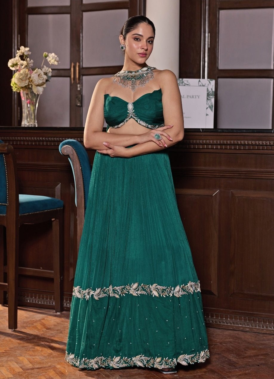 Emerald Green Chiffon Lehenga Set With Choker Dupatta Seema Thukral - Fabilicious Fashion