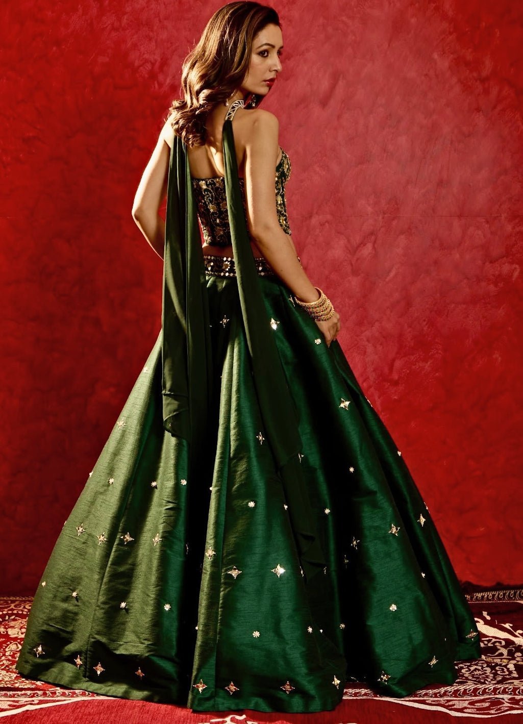 Emerald Green Corset and Silk Lehenga Set - Ready to Ship
