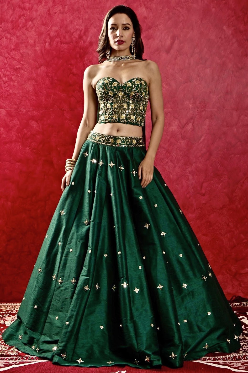 Emerald Green Corset and Silk Lehenga Set - Ready to Ship Rashika Sharma - Fabilicious Fashion