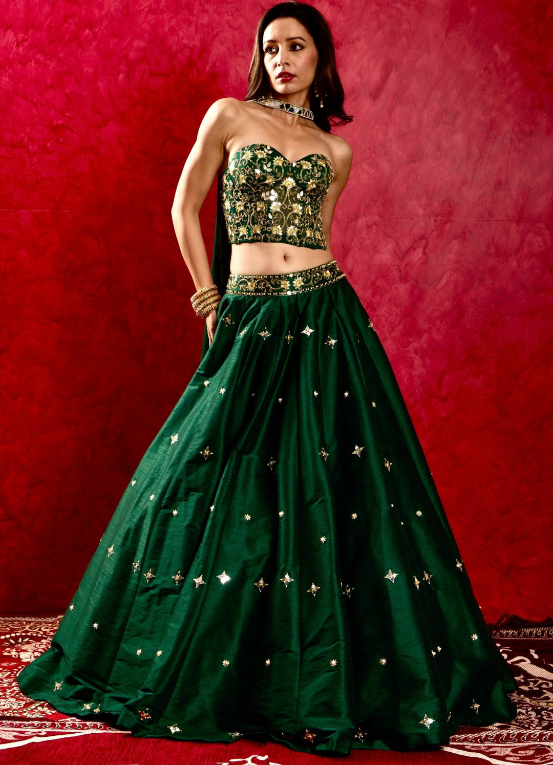 Emerald Green Corset and Silk Lehenga Set Rashika Sharma - Fabilicious Fashion
