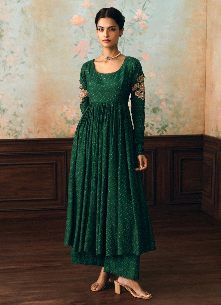 Paulmi and Harsh Emerald Green Cotton Silk Anarkali Pants SetFabilicious Fashion