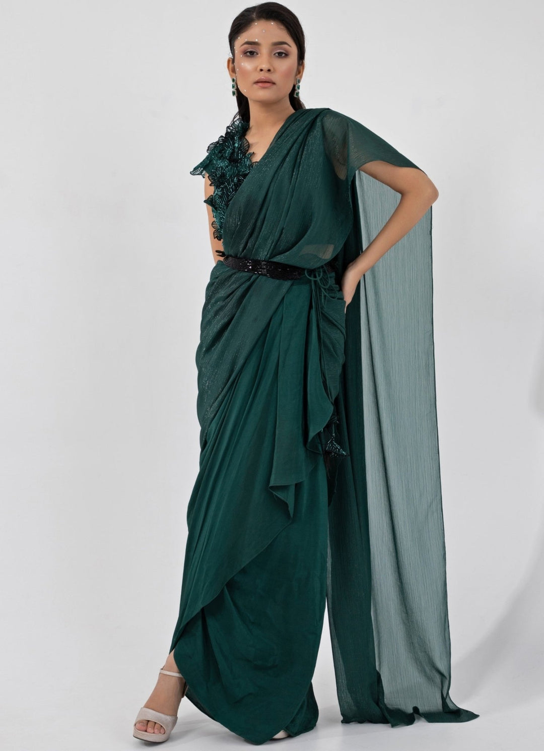 Emerald Green Crepe Predraped Saree Set With Appliqué Blouse Smriti - Fabilicious Fashion