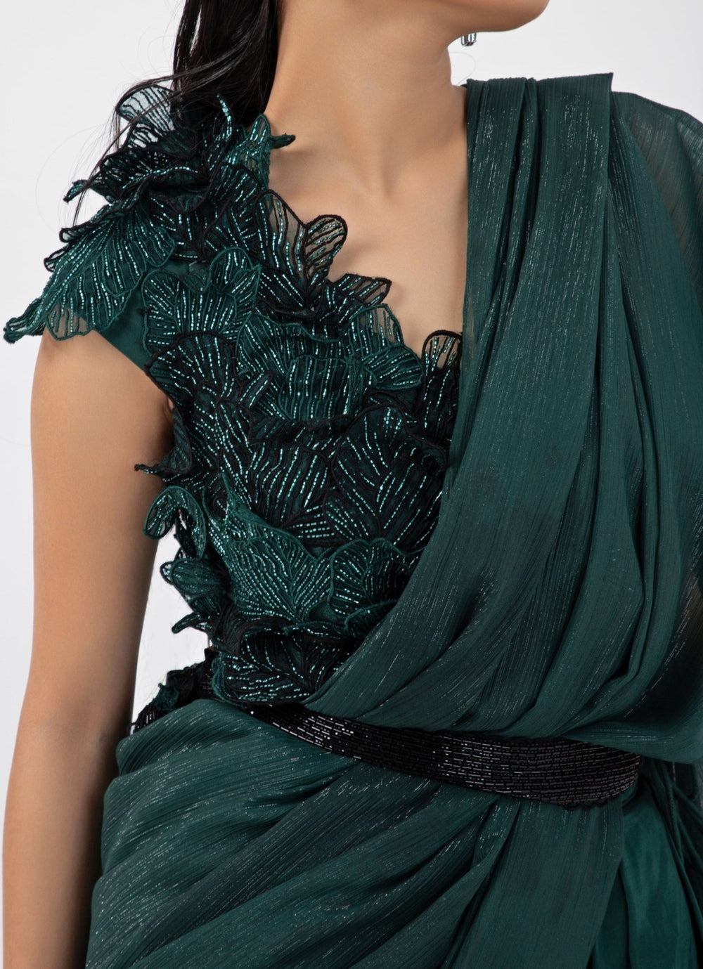 Emerald Green Crepe Predraped Saree Set With Appliqué Blouse Smriti - Fabilicious Fashion